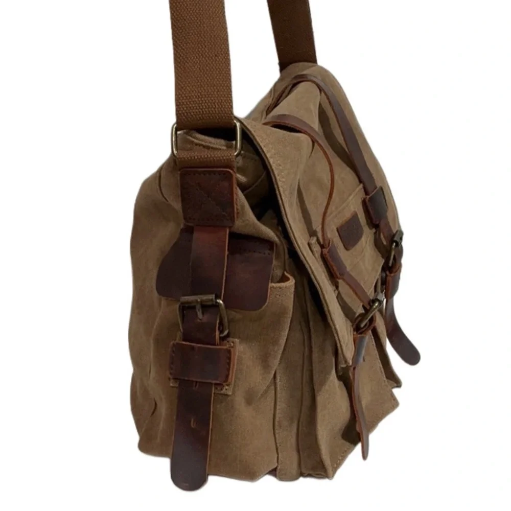 LUXUR Large Brown Canvas Messenger Bag Leather Straps